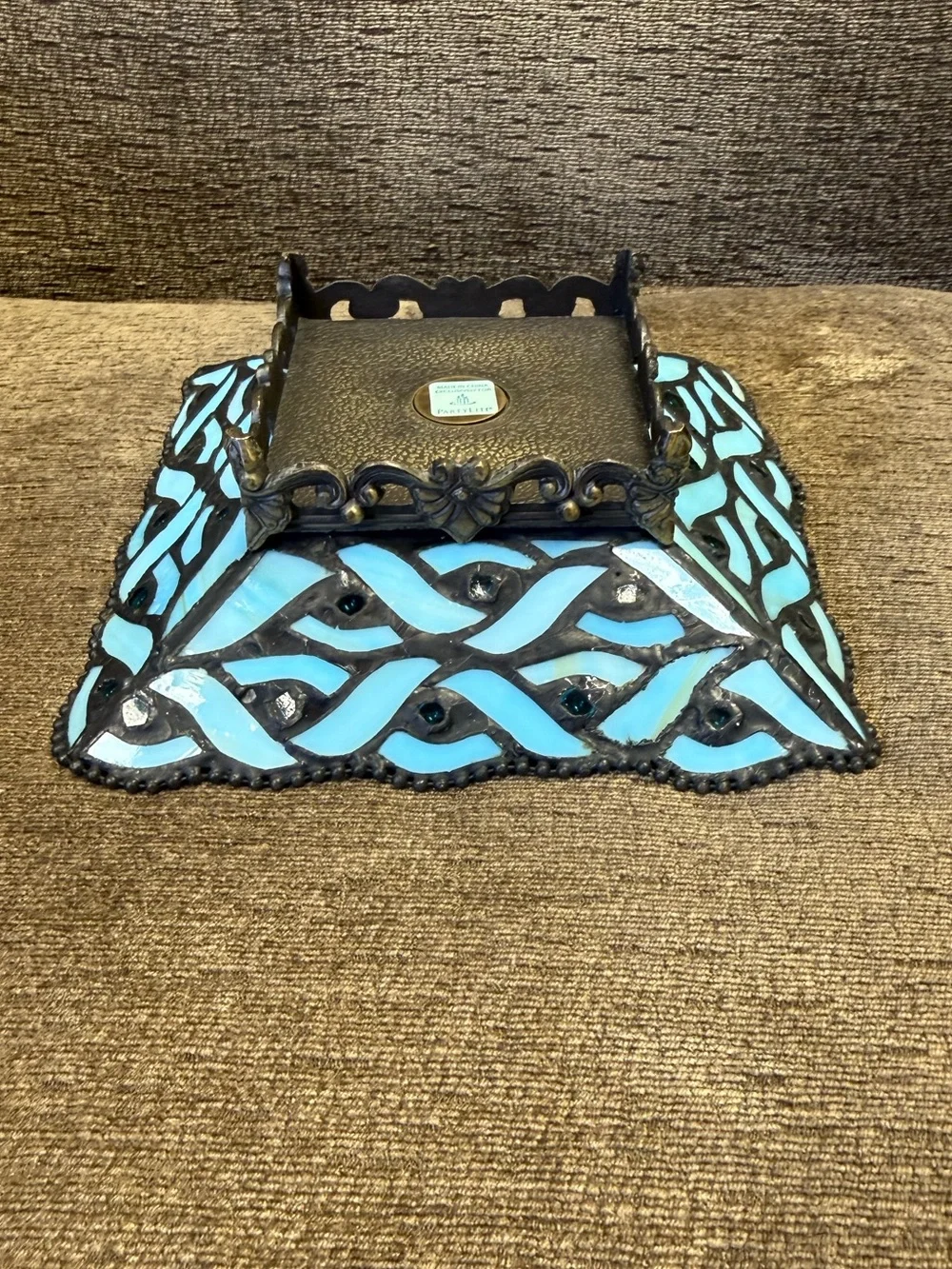 Retired PartLite Spring Water Pillar Candle Holder Tiffany-Style Blue Glass